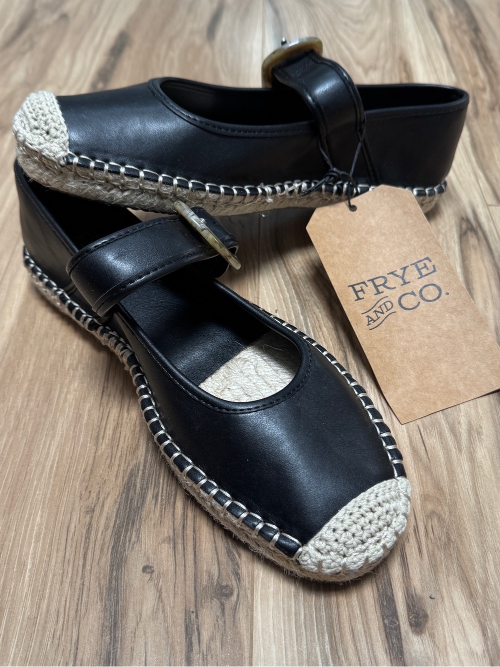 Frye & Co NWT Black Jatani Espadrille Mary Jane Tortoiseshell Buckle Size 8.5 US